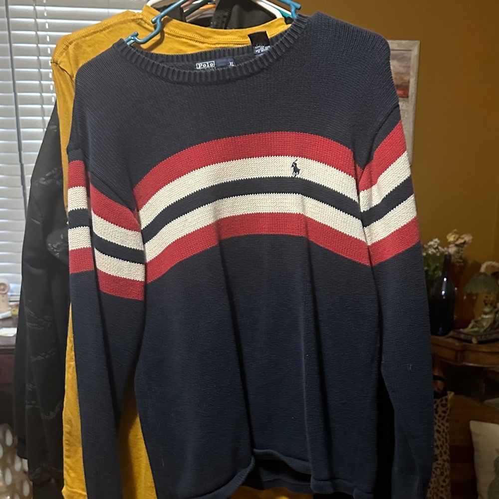 Polo by Ralph Lauren Men's Sweater in Navy with Red and White Stripes